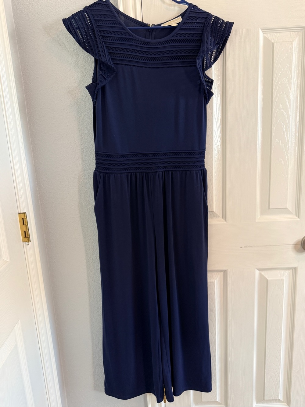 Michael Kors Mesh Cropped Flutter Sleeve Wide Leg Jumpsuit Navy Size Medium